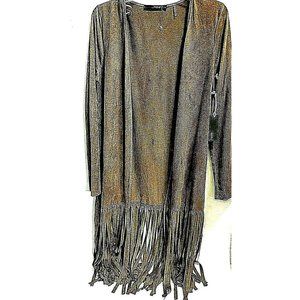 NWT HAVE Faux Suede Open Front Long Jacket w. Fringe Size L  V-Neck Long Sleeves